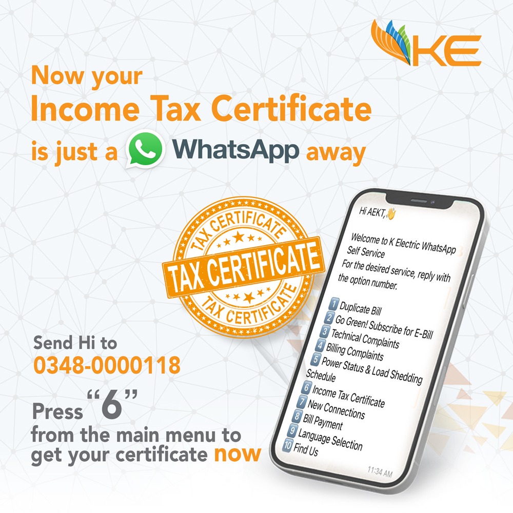 KElectricPk's tweet photo. Your Income Tax Certificate is just a WhatsApp away. 
Simply click on the link to get your certificate now!  https://t.co/hzZlO5UdDe https://t.co/2ahFXkRqmn