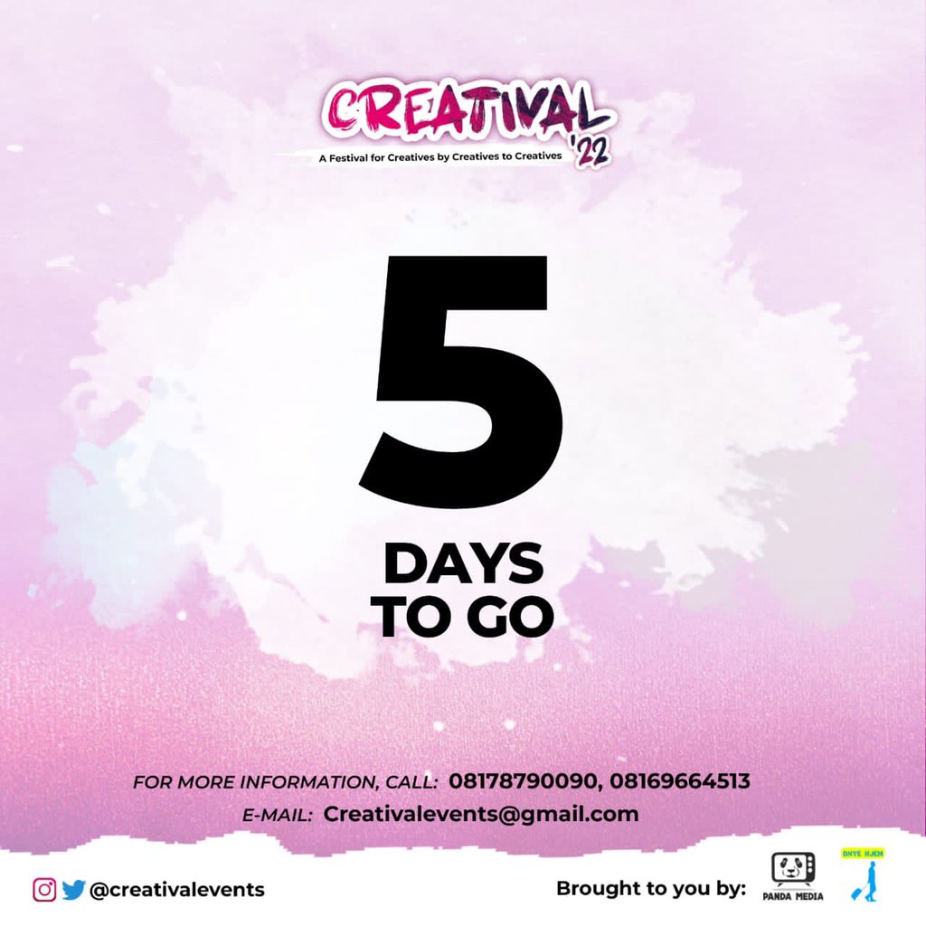 creativalevents's tweet photo. It’s 5 days to the most anticipated creative hangout !!! By now if you haven’t gotten your tickets you deserve cassava and agbado 😭
October 9th be there !!!!
#creatival #creativalevents https://t.co/HgMJNL7VV2