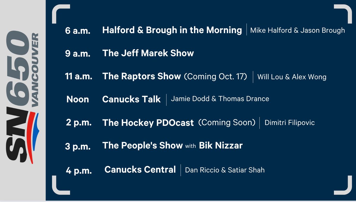 Sportsnet650's tweet photo. Hey Vancouver! Check out your @Sportsnet650 Fall Lineup π΅π’
Starting next week, tune-in live or listen on-demand at https://t.co/gz66tU0JDV ππ» https://t.co/Zv6MVCMr4V