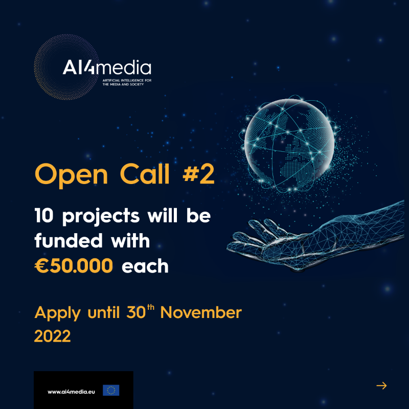 ai4mediaproject's tweet photo. 📢 You can now apply to AI4Media #OpenCall2!
🫵 Apply until Nov 30th to receive €50K for your #Research or #Application project
In this open call, 🔟 projects will be selected &amp; will be implemented over a 9 or 12-month period
Discover more https://t.co/B0Z2d9KIpu