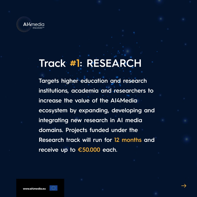 ai4mediaproject's tweet photo. 📢 You can now apply to AI4Media #OpenCall2!
🫵 Apply until Nov 30th to receive €50K for your #Research or #Application project
In this open call, 🔟 projects will be selected &amp; will be implemented over a 9 or 12-month period
Discover more https://t.co/B0Z2d9KIpu