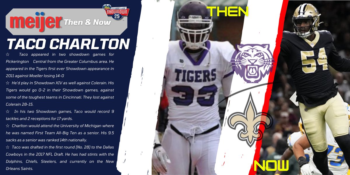 Happy Tuesday, Showdown fans! It's time for our @meijer 'Then & Now'! This week we feature @TheSupremeTaco! He played in TWO showdown games for @PCtigerfootball and currently plays for the @Saints!