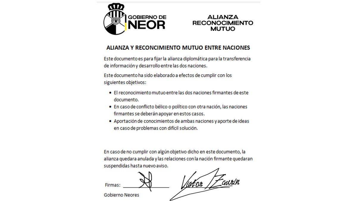 ReyNeor's tweet photo. Oficialmente, se inicia con el Ducado de El Pilar una alianza y reconocimiento mutuo mediante este documento y otro aportado por el gobierno de El Pilar. 

Gobierno Neores
#micronaciones #micronations #Neor https://t.co/y4rdLPT8Ze