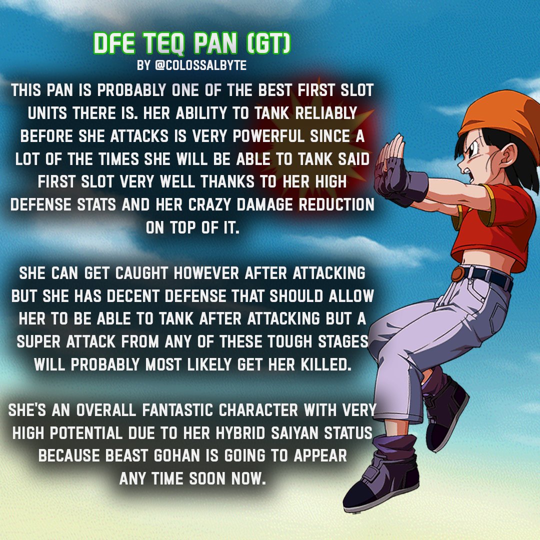 CollosalbyteG's tweet photo. DFE TEQ Pan (GT)'s team guide is here!
#dragonballlegends #dokkanbattle #dokkanbattlez #dragonballz #dragonballsuper #dokkantips #goku #vegeta #dragonball https://t.co/wOOMuWRmUG