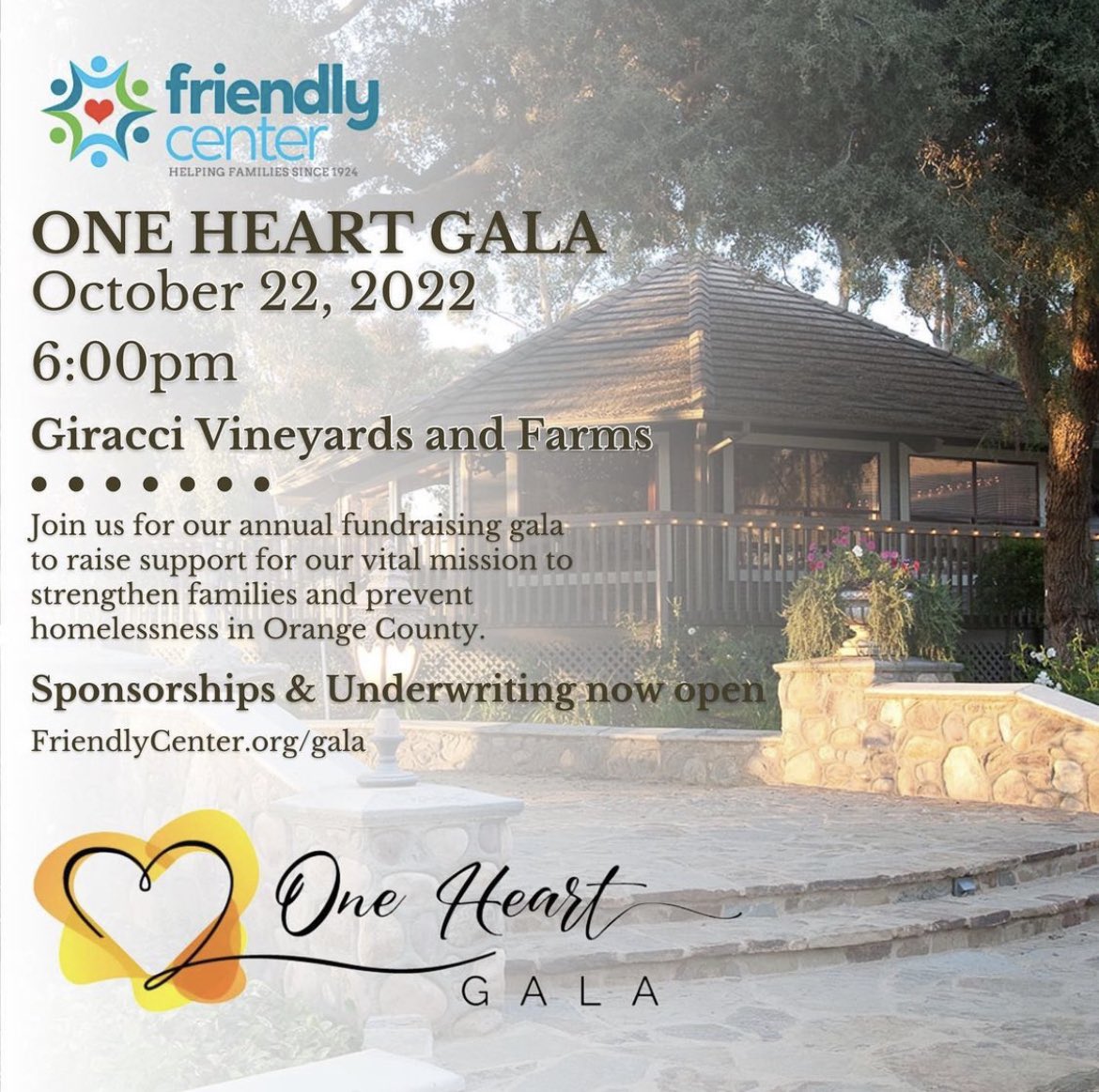 FriendlyOC's tweet image. One Heart Gala is happening on October 22nd at 6:00 p.m. at Giracci Vineyards and Farms. This annual fundraising gala is held to support our vital mission to strengthen families and prevent homelessness in Orange County.  #friendlycenter #orangecounty #cityoforange