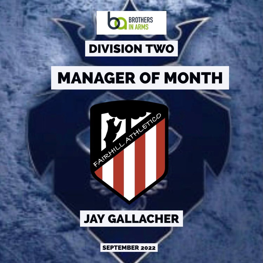 Congratulations to Jay Gallacher winner of <a href="/OnlySportLTD1/">Only Sport LTD</a> Division 2 <a href="/BIAtogether/">Brothers in Arms</a> Manager of Month for September...

Great performances across September, sees @AthleticoFHill currently sitting top of division 2👏🙌🙌

<a href="/ScotAmFA/">Scottish Amateur FA</a> <a href="/scottish_aff/">AmateurFixturesResultsSCO</a>
