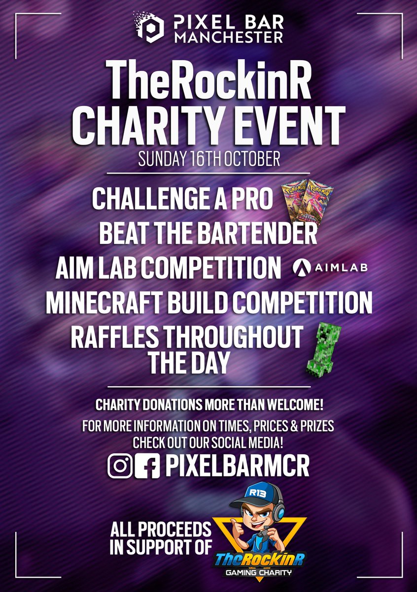 PixelBars's tweet photo. TheRockinR Charity Event 🥳

📆 Sunday 16th October 
🕐 From 12pm 

Come down, beat our pros, win some great merch while we raise money for this incredible cause 👏🏻 https://t.co/Daw1HeF4Ws