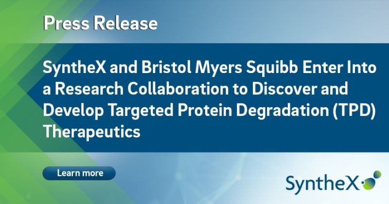 SyntheX (@synthex_inc) on Twitter photo We are thrilled to announce a research collaboration with Bristol Myers Squibb, <a href="/bmsnews/">Bristol Myers Squibb</a>, to discover and develop targeted protein degradation therapies! This collaboration leverages our ToRNeDO platform to discover novel molecular glues. Learn more here! prn.to/3Rzt5Qw We are thrilled to announce a research collaboration with Bristol Myers Squibb, <a href="/bmsnews/">Bristol Myers Squibb</a>, to discover and develop targeted protein degradation therapies! This collaboration leverages our ToRNeDO platform to discover novel molecular glues. Learn more here! prn.to/3Rzt5Qw