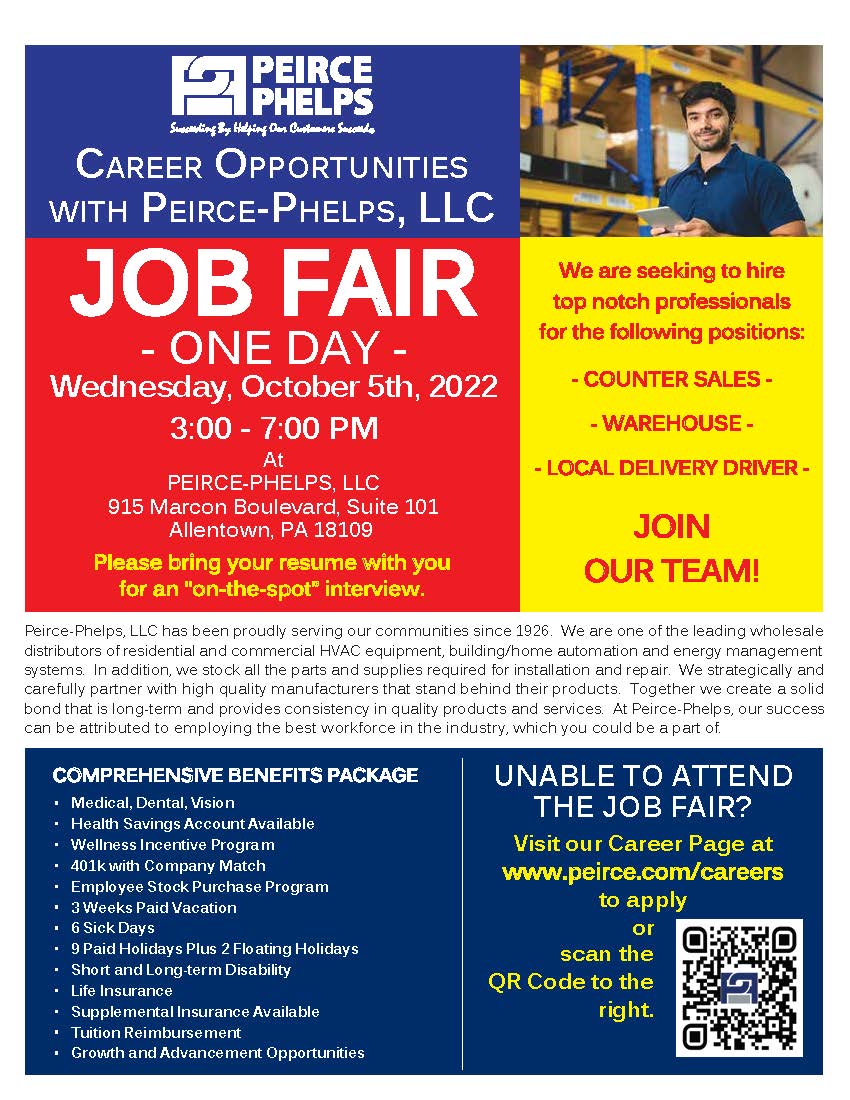 Wednesday Oct 5th,2022 from 3-7pm we will be having a Job Fair at our Allentown Branch. On the spot Interviews, make sure to bring your resume. #peircephelps #jobfair