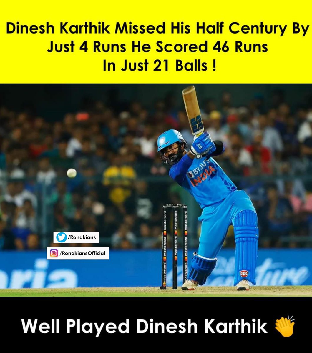 ronakians's tweet photo. What a brilliant innings by Dinesh Karthik - 46 in just 21 balls. Missed out from a half century. A great knock by DK batting at No.4 tonight. #DineshKarthik #INDvSA #RishabPant #dk #rohitsharma #rile https://t.co/vWApCQDpsG