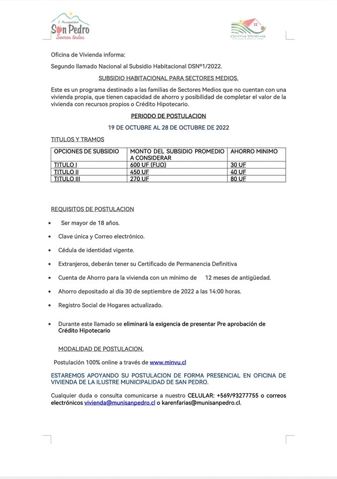 La oficina de Vivienda Informa, sobre el segundo llamado Nacional al Subsidio Habitacional DSN°1/2022 para Sectores Medios.