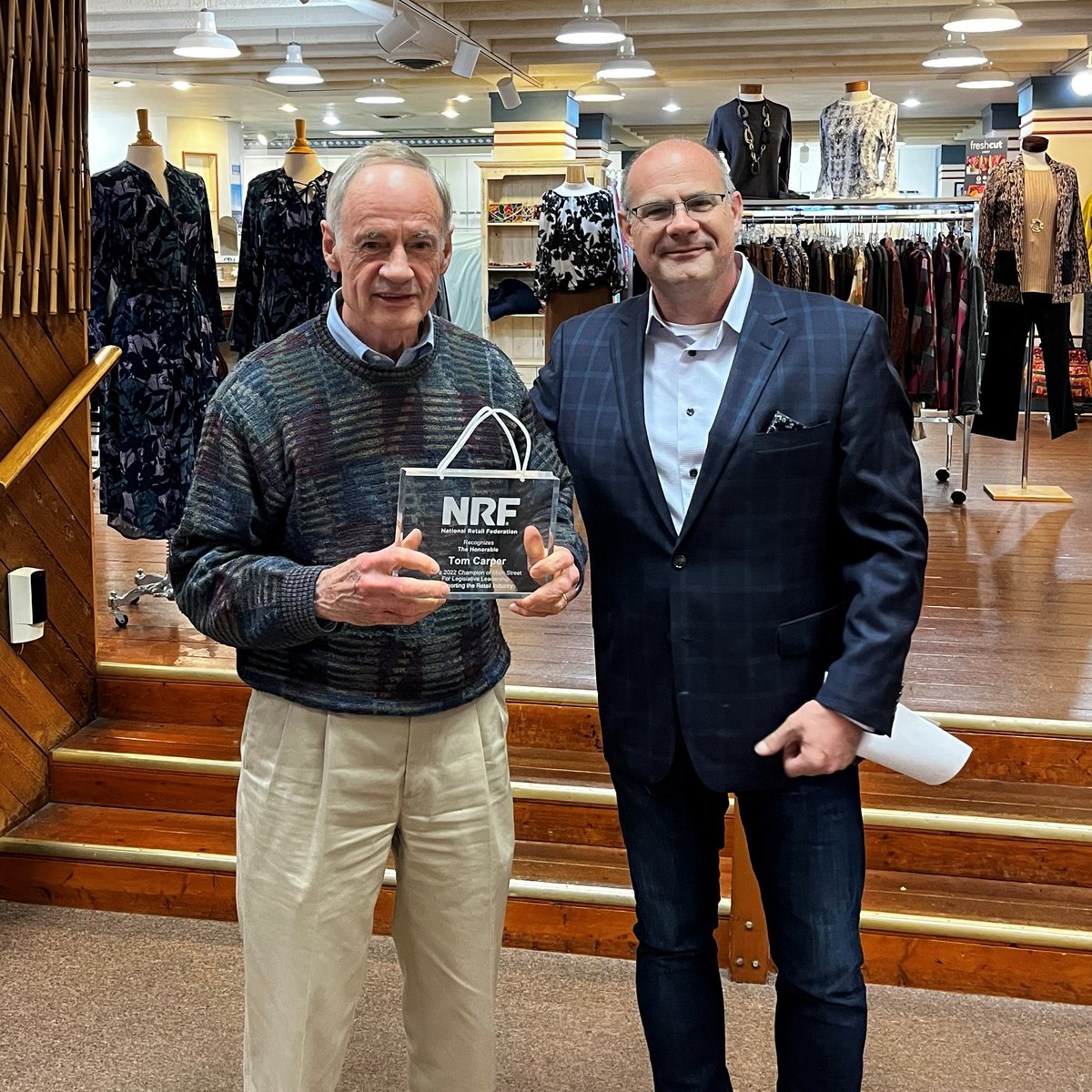 NRF recognized <a href="/SenatorCarper/">Senator Tom Carper</a> as a 2022 Champion of Main Street Award winner for his support of small businesses at <a href="/CarltonsRB/">Carltons - Rehoboth</a>. #retailadvocates