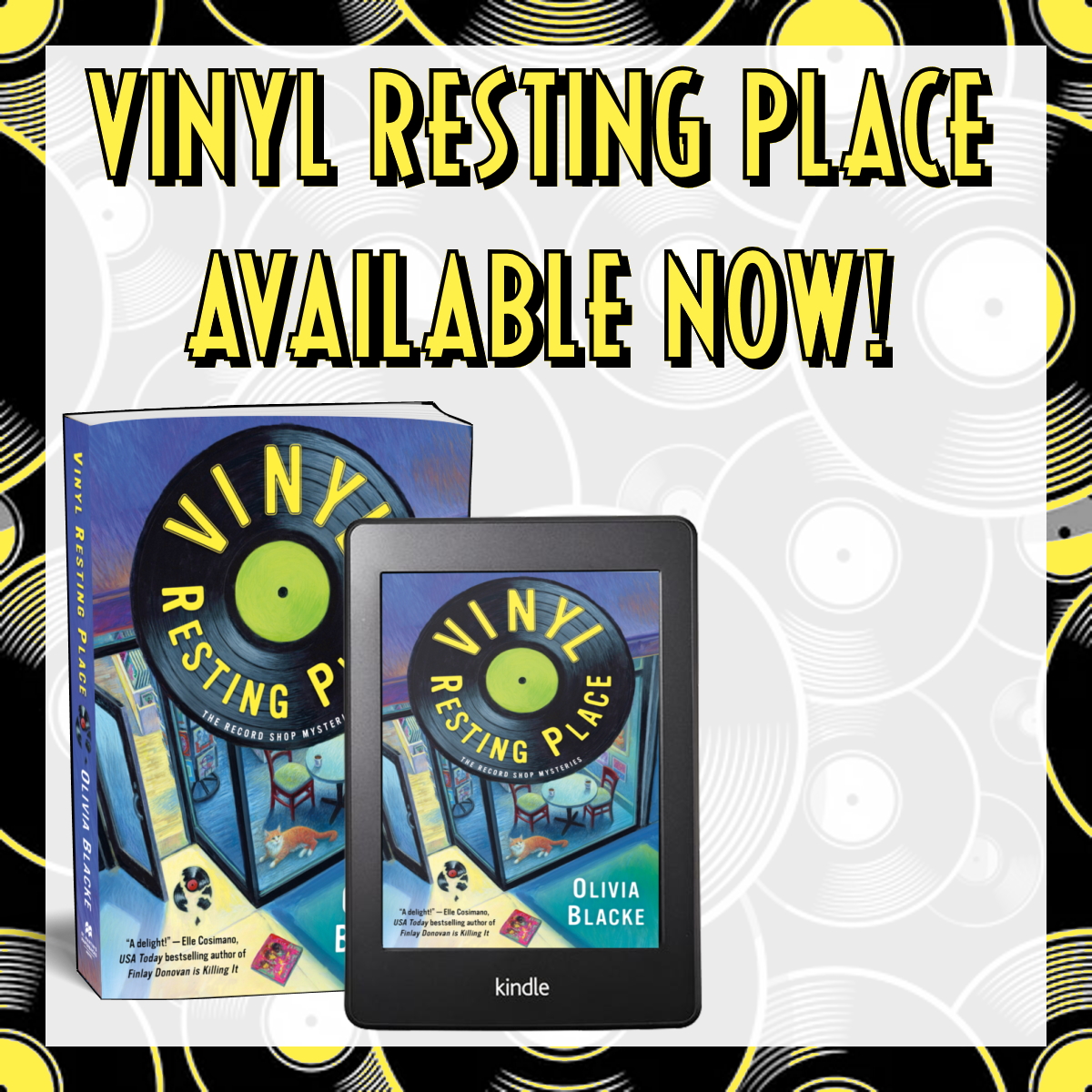 oliviablacke's tweet photo. It's here, y'all! #VinylRestingPlace is available in bookstores today! 

Juni Jessup &amp; her sisters open Sip &amp; Spin Records in a tiny Texas town where nothing bad ever happens-until a dead body falls out of the supply closet.💀

Run out &amp; grab your copy at https://t.co/Vl8g89uDtB https://t.co/0upQVZ2IIM