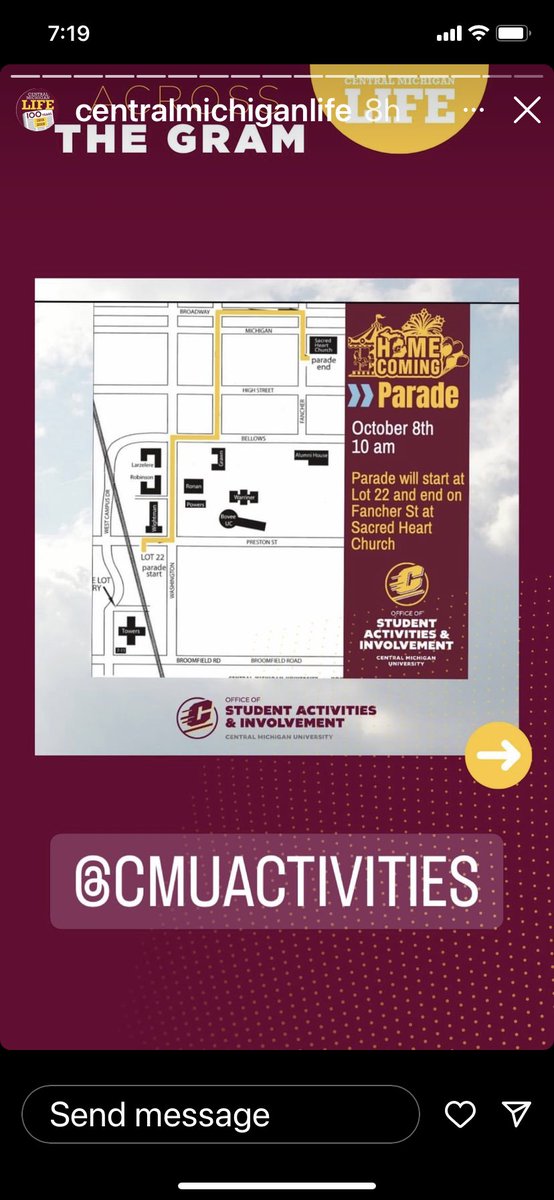. <a href="/CMUActivities/">CMU Student Activities and Involvement</a> 
Does the homecoming parade start at 10 or 11? Your graphic (attached) says 10, but website says 11. cmich.edu/student-life/c…