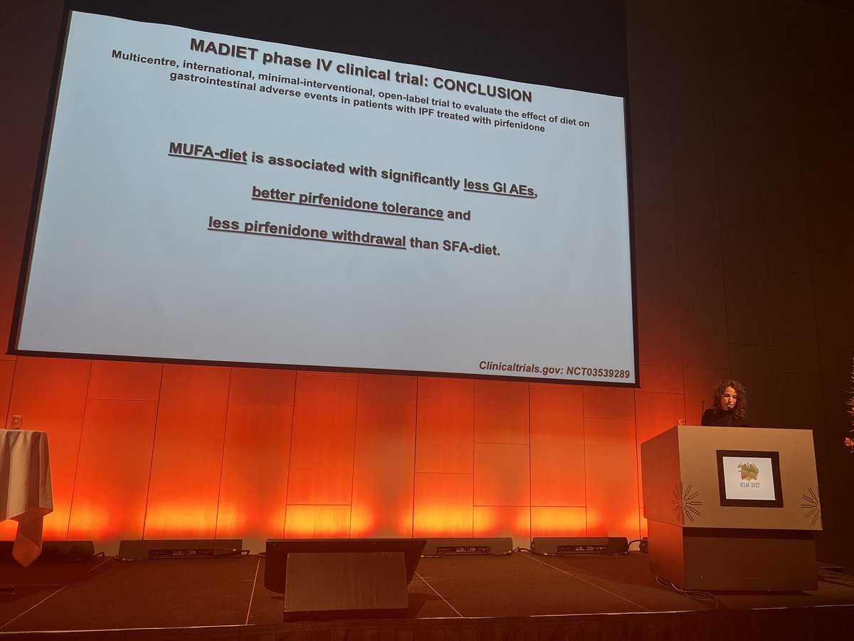 PilarRiveraOrt1's tweet photo. @Istamina @ActionPFcharity #MADIET phase IV clinical trial #IPF #Pirfenidone #MUFAdiet vs #SFAdiet #GIsideEffects #ICLAF2022🇮🇸 Congratulations Vanesa 👏👏👏 #teamwork PS: additional slides below 👇👇 https://t.co/cFtYjLn4uW