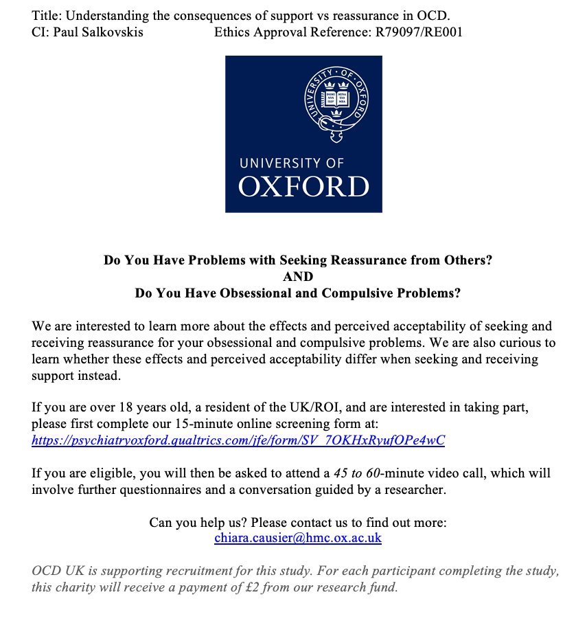 Chiara Causier (@chiara_causier) on Twitter photo ❗️New research❗️
Do you experience #OCD and often find yourself #ReassuranceSeeking? Would you like to participate in online research at Oxford University? We would love to hear from you! Find out more by emailing chiara.causier@hmc.ox.ac.uk or visit psychiatryoxford.qualtrics.com/jfe/form/SV_7O… ❗️New research❗️
Do you experience #OCD and often find yourself #ReassuranceSeeking? Would you like to participate in online research at Oxford University? We would love to hear from you! Find out more by emailing chiara.causier@hmc.ox.ac.uk or visit psychiatryoxford.qualtrics.com/jfe/form/SV_7O…