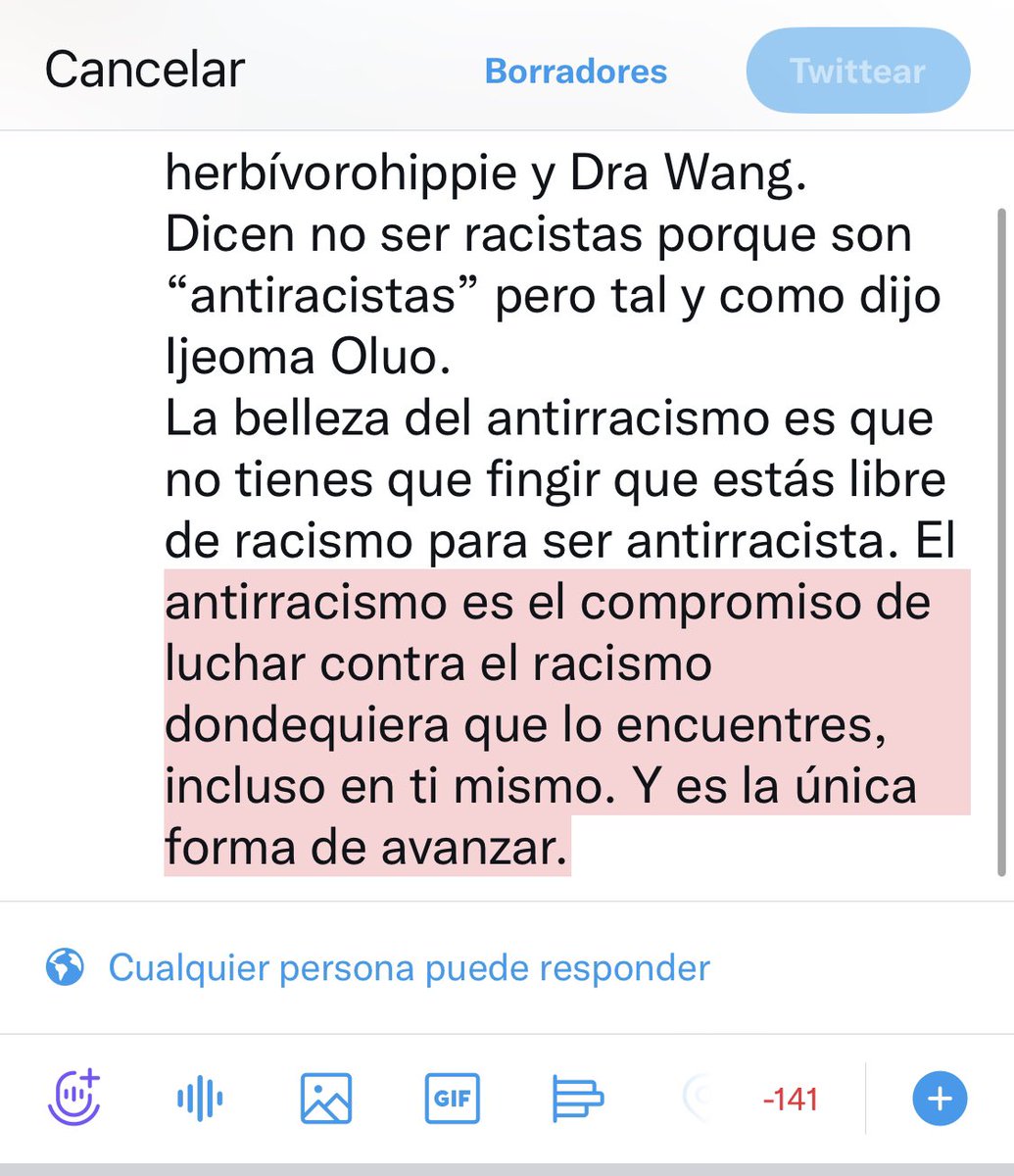 este es el último tweet que voy a dedicar sobre el tema de herbívorohippie y Dra Wang.
Dicen no ser racistas porque son “antiracistas” pero tal y como dijo 
Ijeoma Oluo. 
Y aunque les señalemos sus violencias como personas blancas deberían de escucharnos pero no.