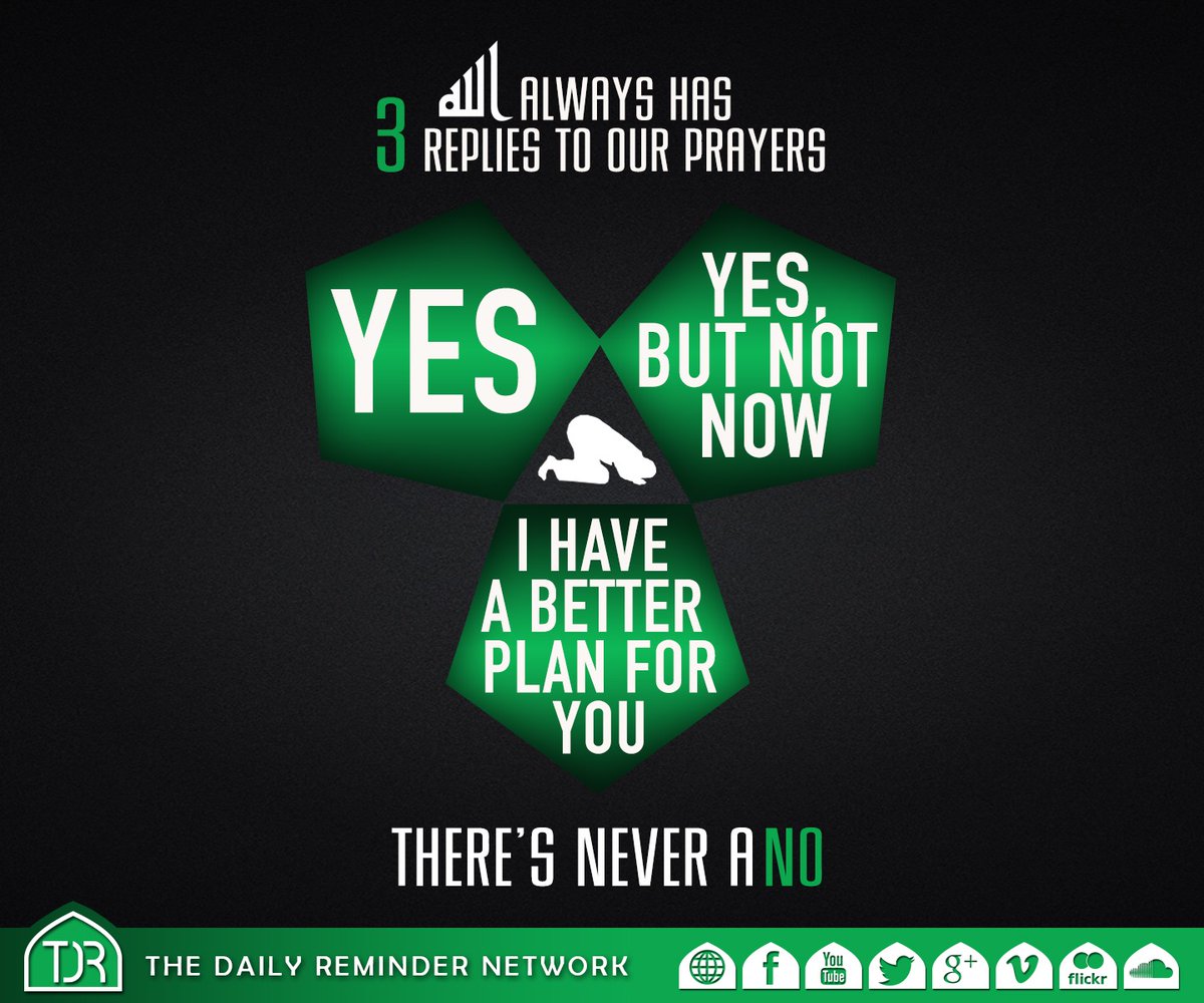 TDR_Network's tweet photo. Allah always has 3 replies to our prayers:

1. Yes.
2. Yes, but not now.
3. I have a better plan for you.

There’s never a no! https://t.co/AGjFuURgV1