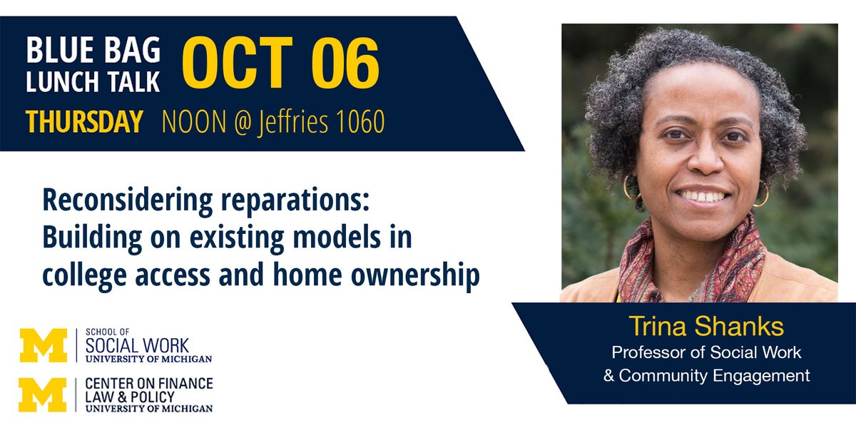Thursday @ Noon!  <a href="/UMSocialWork/">University of Michigan School of Social Work</a> prof. <a href="/TrinaShanks1/">Trina Shanks</a> will discuss reducing reparations and the promising approaches to building on existing models in college access and home ownership. Register at: umich.qualtrics.com/jfe/form/SV_56…