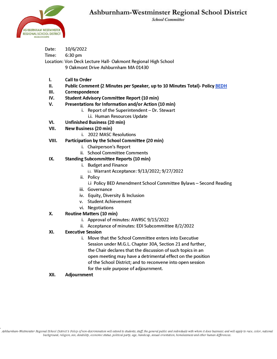 School Committee Meeting 10/6/2022 - The AWRSD School Committee will meet 10/6/2022 at 6:30pm in the Von Deck Lecture Hall in Oakmont Regional High School. edl.io/n1667303