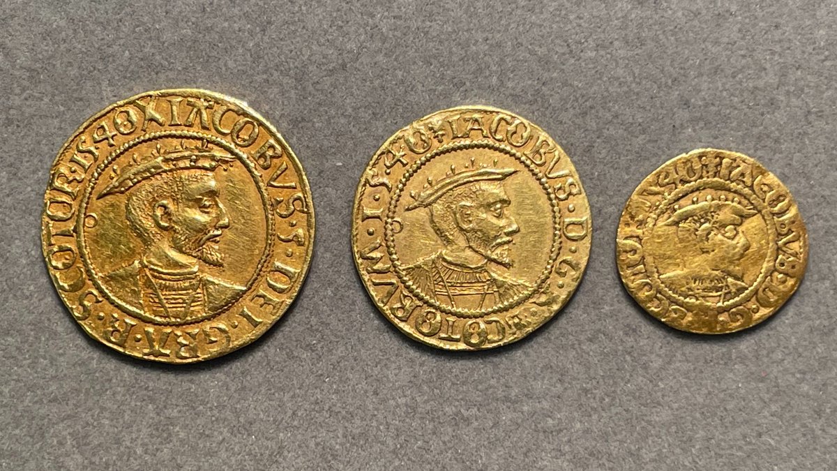 Some of my favorites from Hunter's Scottish collection <a href="/hunterian/">The Hunterian</a> are the Ducat, 2/3rd &amp; 1/3rd Ducat of James V. They're dated 1540 but were struck up until James's death in 1542. They're the earliest coins to be made from Scottish gold. #NumisChat #Numismatics #ScottishHistory