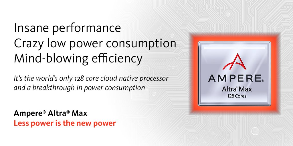 AmpereComputing's tweet photo. Less power is the new power. Ampere Altra Max – the industry’s first and only 128-core processor for cloud servers delivers insane performance and crazy low power consumption. What would you do with 128 cores? https://t.co/prgQaO9RO7 #CloudNative #EnergyEfficiency https://t.co/yqF2kPIBcA
