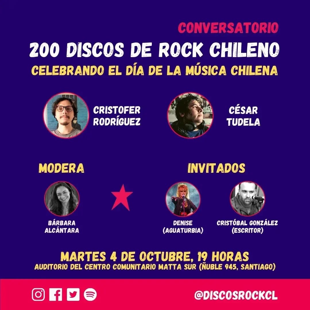 rockaxisoficial's tweet image. Celebra hoy el Día de la Música Chilena en el conversatorio de 200 @DiscosRockCL

Encuentro imperdible a las 19 horas, en el Auditorio del Centro Comunitario Matt Sur (Ñuble 945, Santiago Centro). ¡No faltes!