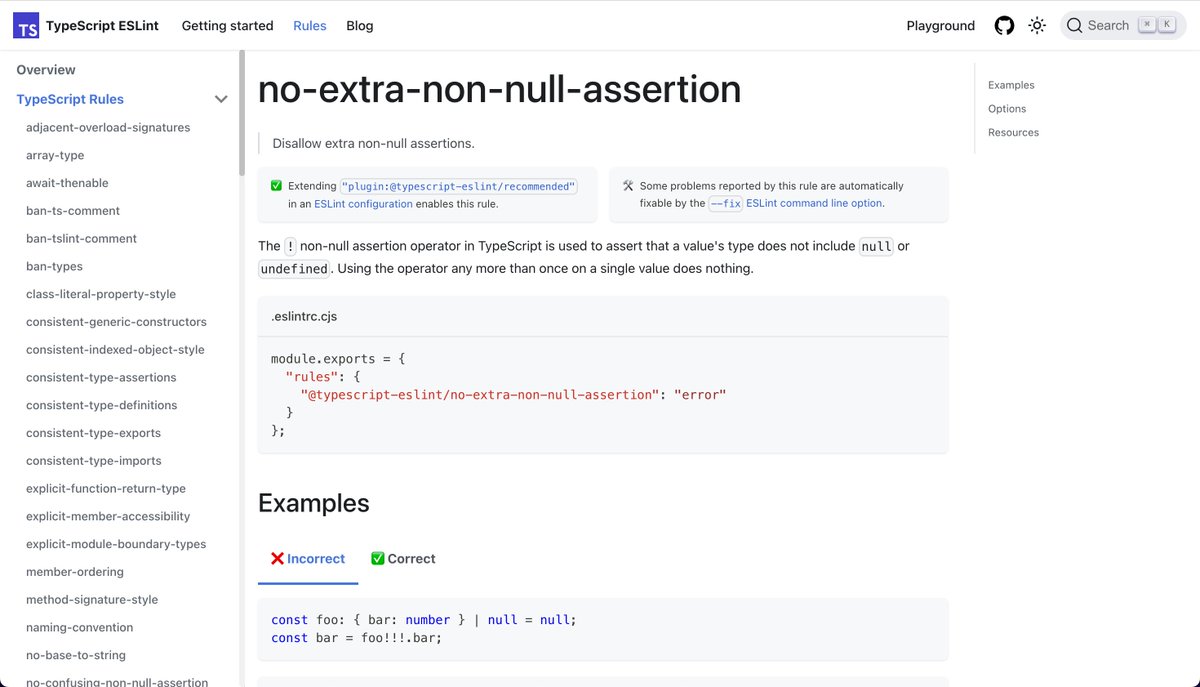 Just shipped a suite of 👌 docs overhauls for rule docs on @tseslint's typescript-eslint.io: * Better organized sidebar * Config & fixer details on top, à la ESLint core * Rewrote 80+ rule descriptions to explain context & reasoning typescript-eslint.io/rules/no-extra… before/after ❤️‍🔥