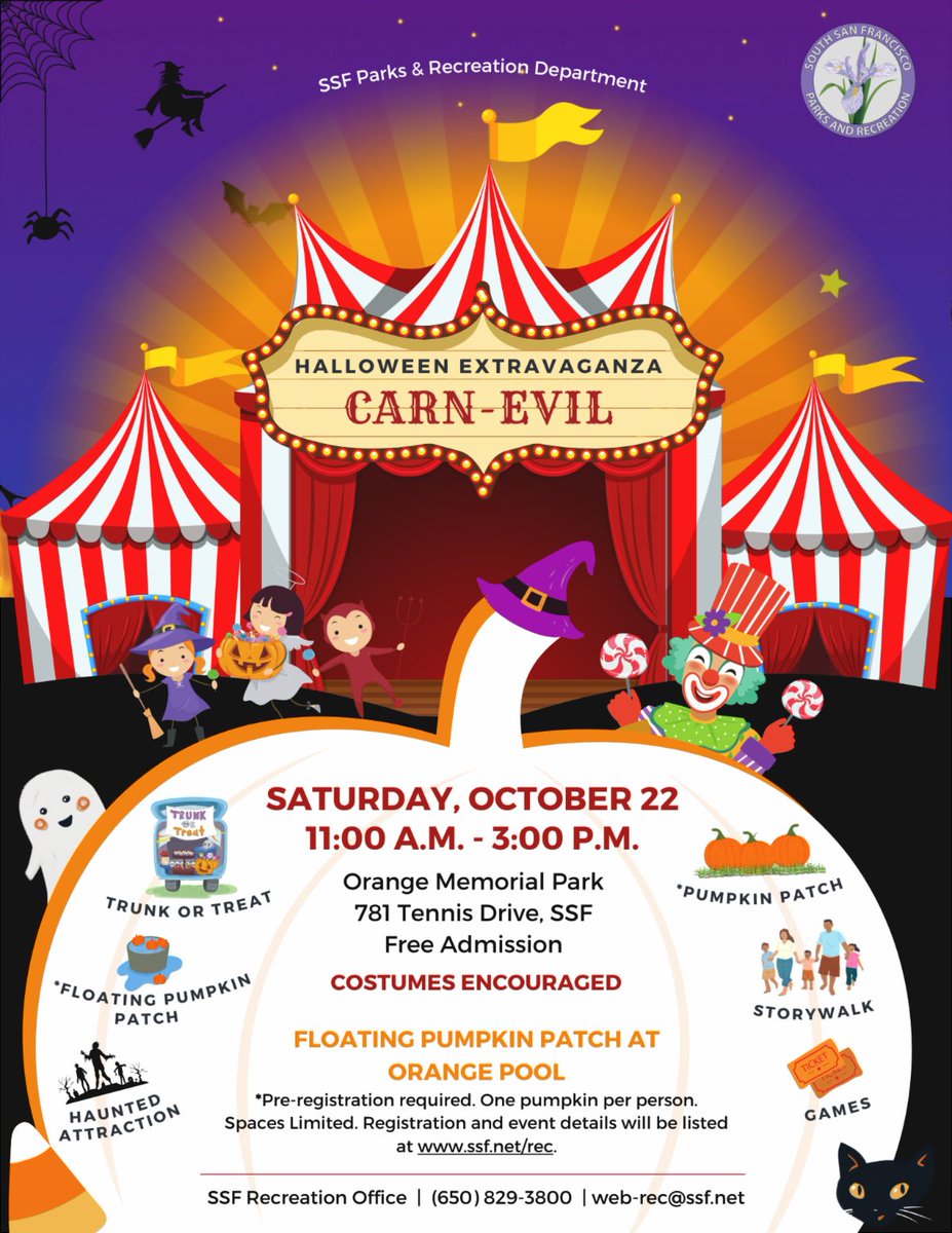 Join us at our Annual Halloween Extravaganza event on SAT 10/22 from 11am-3pm at Orange Memorial Park in #SSF! The afternoon will be filled with activities for all ages &amp; much more. Costumes are encouraged. Visit ssf.net/rec to stay updated on event details!