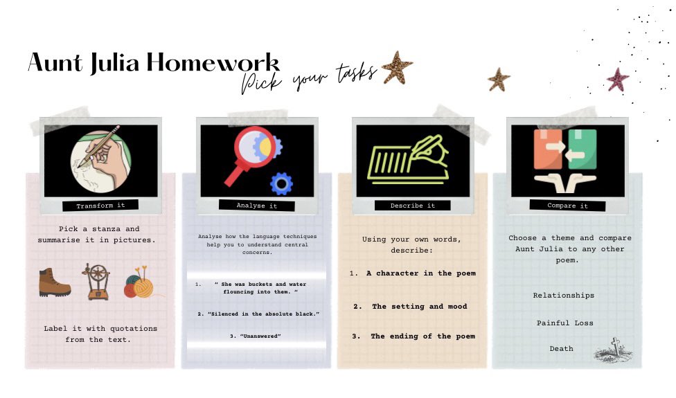 scot_text's tweet image. Anyone else find they get better returns when homework tasks have choices? 🤷‍♀️ 

#ScotText #N5English #HigherEnglish #MacCaig #Homework #Revision #AuntJulia