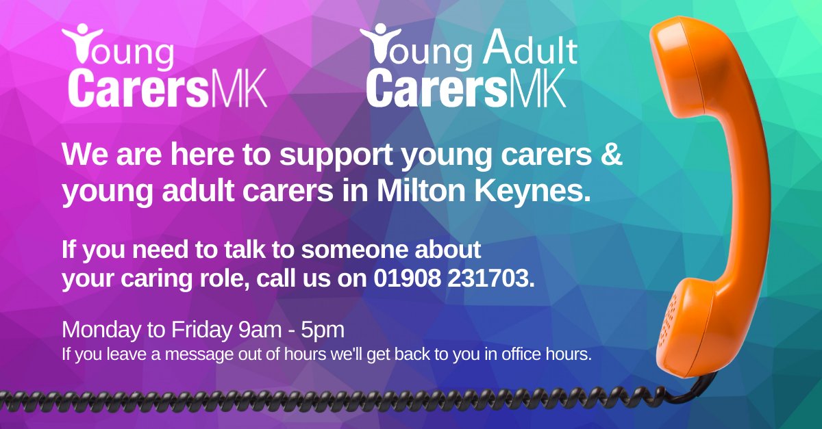 Our Young Carers and Young Adult Carers team is here to support #youngcarers and #youngadultcarers in #MiltonKeynes. If you would like to talk to someone about your caring role, please call us on 01908 231703.

<a href="/mkcouncil/">Milton Keynes City Council</a> <a href="/MKHospital/">Milton Keynes University Hospital NHS FT</a> <a href="/BLMKHealthCare/">NHS BLMK Health and Care Partnership 💙</a>