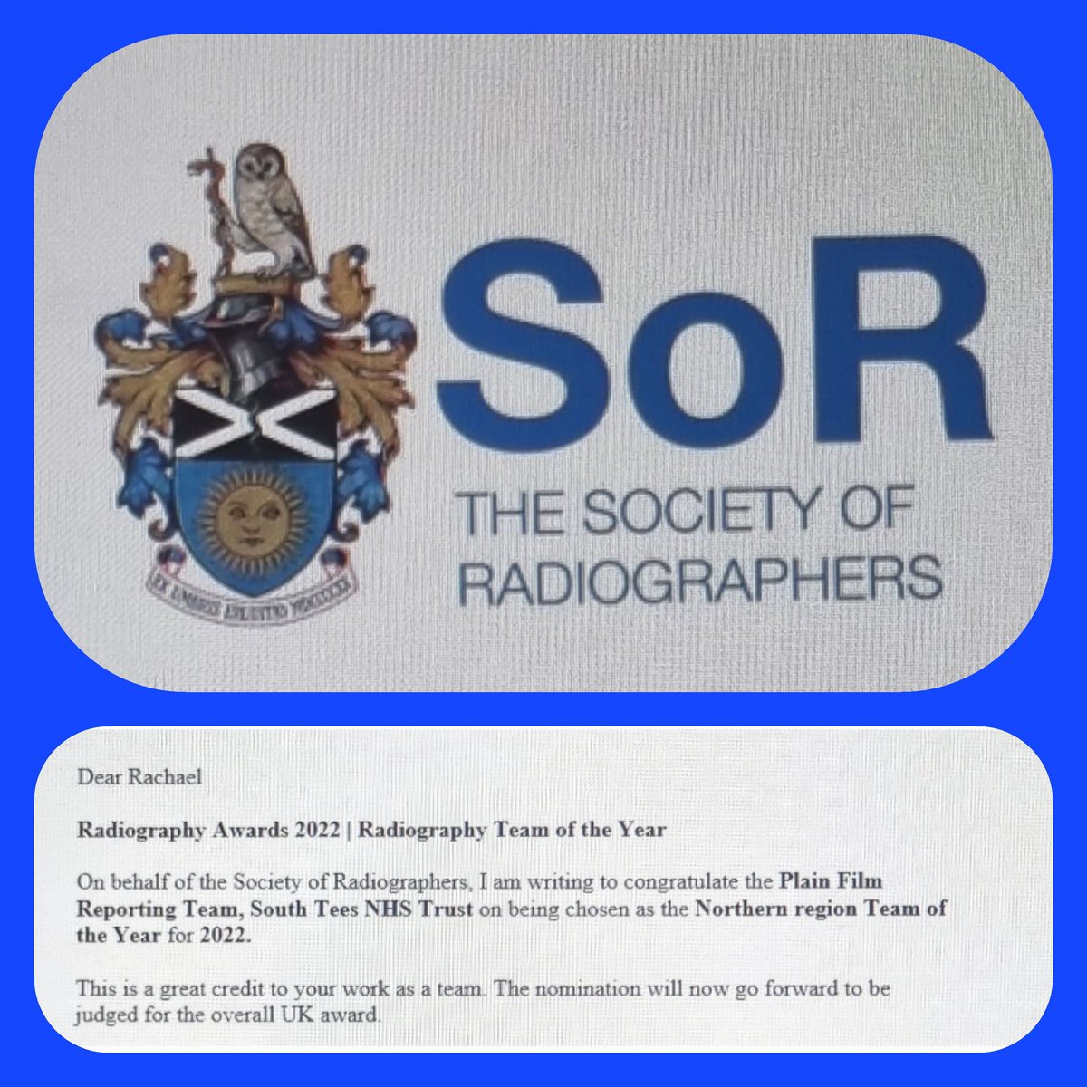 Lovely surprise email to open today. Very proud of our Plain Film Reporting Team. Well deserved!! 👏 #Radiography #AHPs 
<a href="/Selinawatson27/">Selina</a> <a href="/KellySm42112340/">Kelly Smith</a> <a href="/SCoRMembers/">SCoR Members</a> <a href="/SouthTees/">South Tees Hospitals</a>