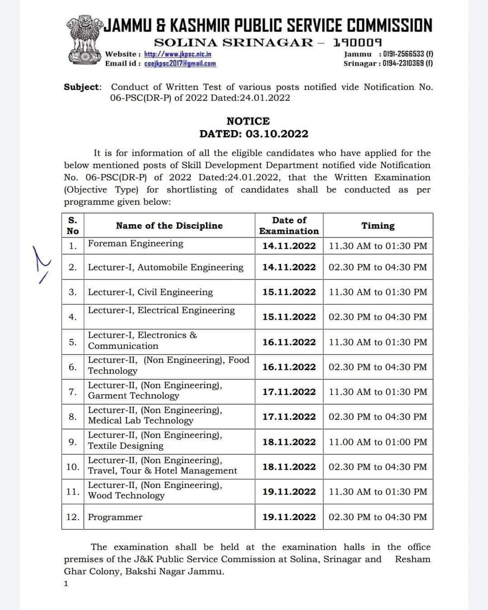 #JKPSC :-Conduct of Written Test of various posts. @JKPSC_News