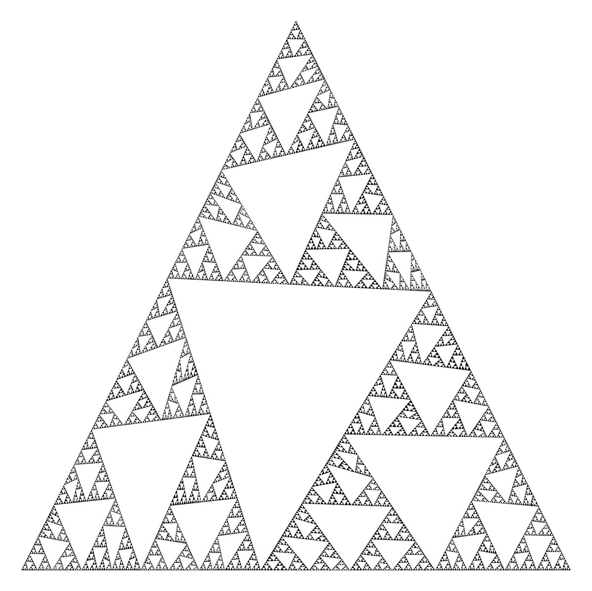 'Drunk Sierpinski': Instead of picking the midpoints of the sides of the triangles to make the triangle-holes, I chose points via a normal distribution, mean = midpoint, SD = 5% of length #mathart #Mathematica