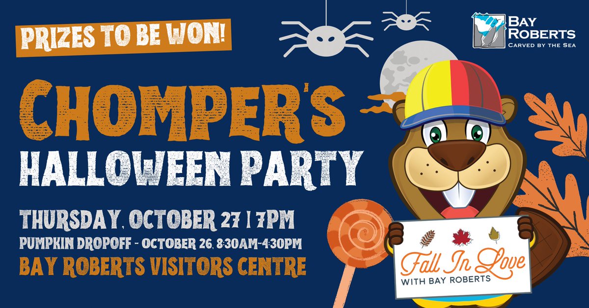 Town_BayRoberts's tweet image. Join us on October 27th for Chomper’s Halloween Party!! 🎃😁

There will be treats/refreshments and prizes for best carved pumpkin to be won!

#FallInLoveWithBayRoberts