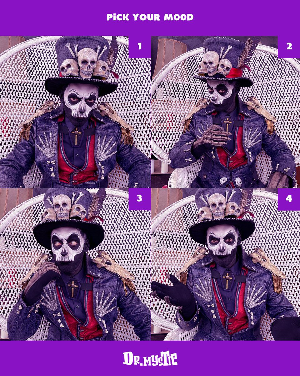 WalibiRA's tweet photo. Alors vous êtes plutôt quel mood après ce premier week-end de #WAAAlloween ? 😈 

👇 Pick your Mystic Mood 👇

____
#WalibiRA #Walibi #DrMystic #Halloween #Halloween2022 #PickYourMood #Mood https://t.co/8f90iD6i79