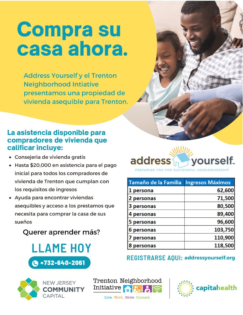 TrentonHealth's tweet photo. @capitalhealthnj Trenton Neighborhood Initiative (TNI) Homebuyer Assistance Program (HAP) is a partnership between TNI and Address Yourself, an affordable homeownership mortgage program by @NJCommCapital. To learn more, call 732-640-2061 or email addressyourself@njclf.com. https://t.co/jVw2CXGMjq