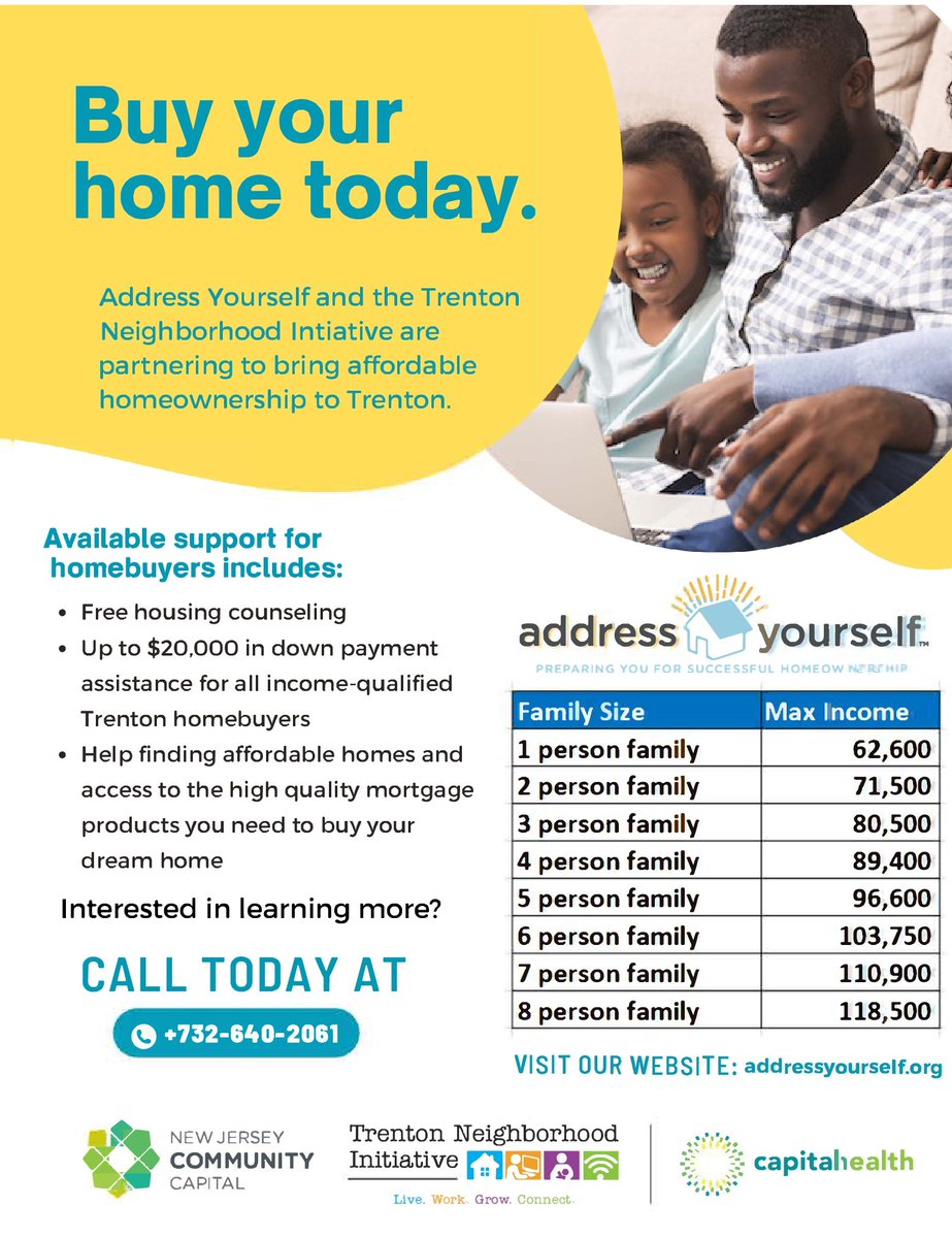 TrentonHealth's tweet photo. @capitalhealthnj Trenton Neighborhood Initiative (TNI) Homebuyer Assistance Program (HAP) is a partnership between TNI and Address Yourself, an affordable homeownership mortgage program by @NJCommCapital. To learn more, call 732-640-2061 or email addressyourself@njclf.com. https://t.co/jVw2CXGMjq