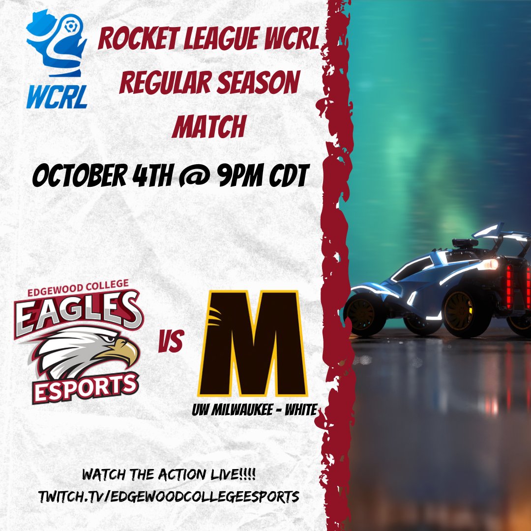 🦅The Eagles will be taking on <a href="/UWMRocketLeague/">Rocket League UW-Milwaukee Official Page</a> - White at 9pm tonight!🦅

Make sure to join our stream and cheer on your team! 

🎥Twitch: twitch.tv/edgewoodcolleg…