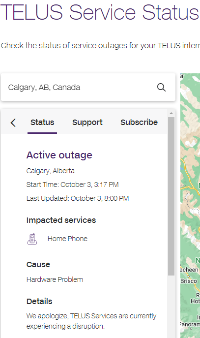 atcomcloud's tweet photo. We are getting reports of failed calls from some Telus lines - here is an update from their web page: https://t.co/JEvQ1ggUJo
