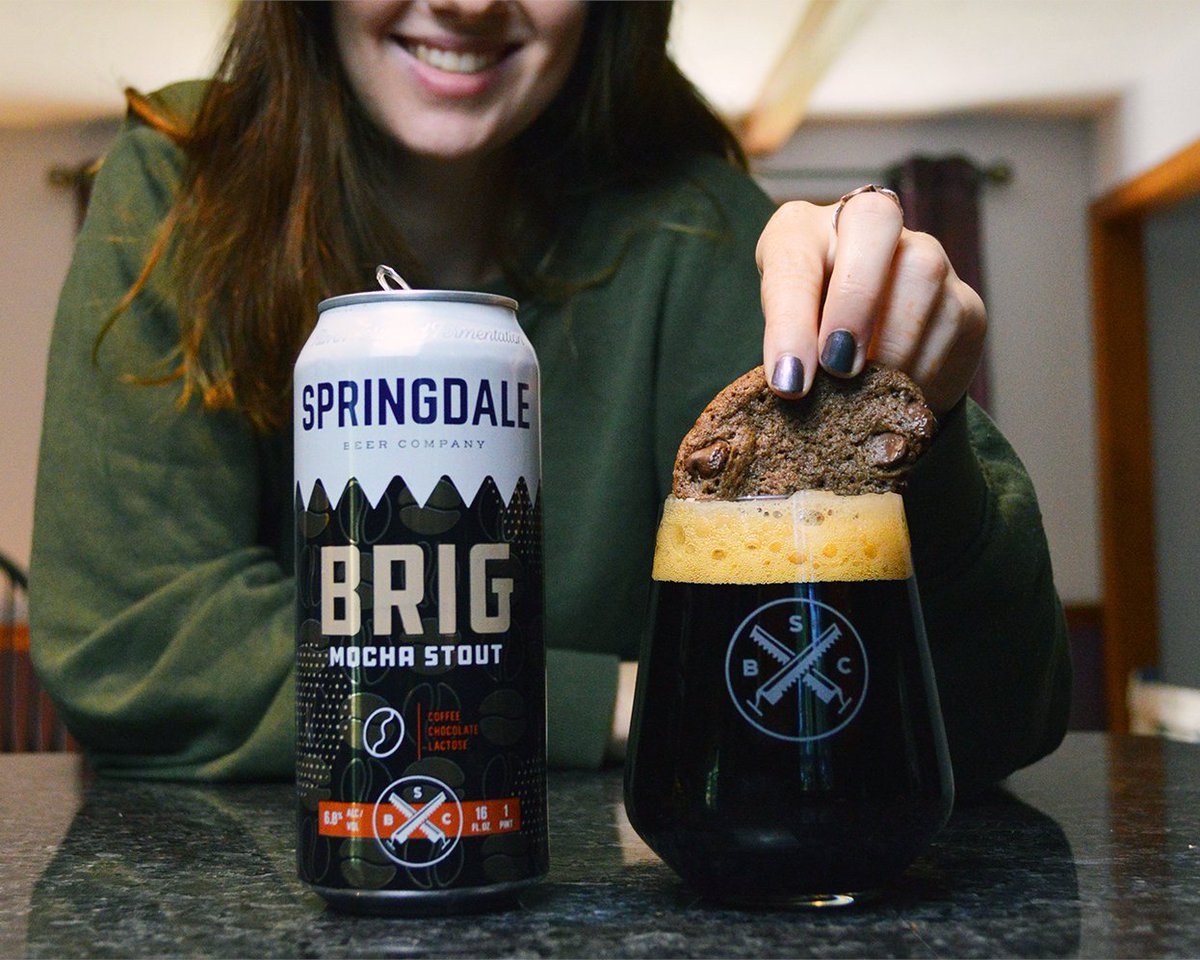 springdalebeer's tweet photo. Is Treat Yoself Tuesday a thing? It should be. 

Brewed with cacao nibs, coffee, and a touch of lactose, Brig is a roasty, decadent, and velvety smooth Mocha Stout. Perfect for drinking, perfect for dunking. 🍪 https://t.co/51dyZll7vo