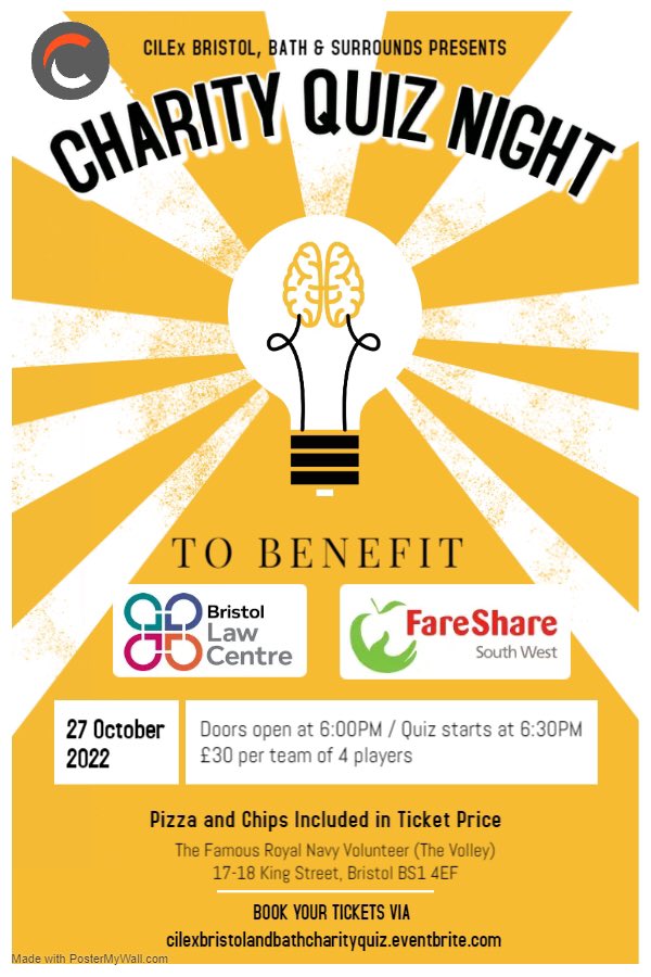 Bristol Law Membership Group (@cilexbristol) on Twitter photo Itβs October! So, you know what that means. Oh yes, #CILEx Bristol, Bath & Surrounds #Charity #Quiz Night!
πThursday 27 October π° 6pm for a 6.30pm start
π<a href="/VolleyBristol/">The Volley</a> π· Β£30 per team of four
π eventbrite.co.uk/e/charity-quizβ¦ Itβs October! So, you know what that means. Oh yes, #CILEx Bristol, Bath & Surrounds #Charity #Quiz Night!
πThursday 27 October π° 6pm for a 6.30pm start
π<a href="/VolleyBristol/">The Volley</a> π· Β£30 per team of four
π eventbrite.co.uk/e/charity-quizβ¦