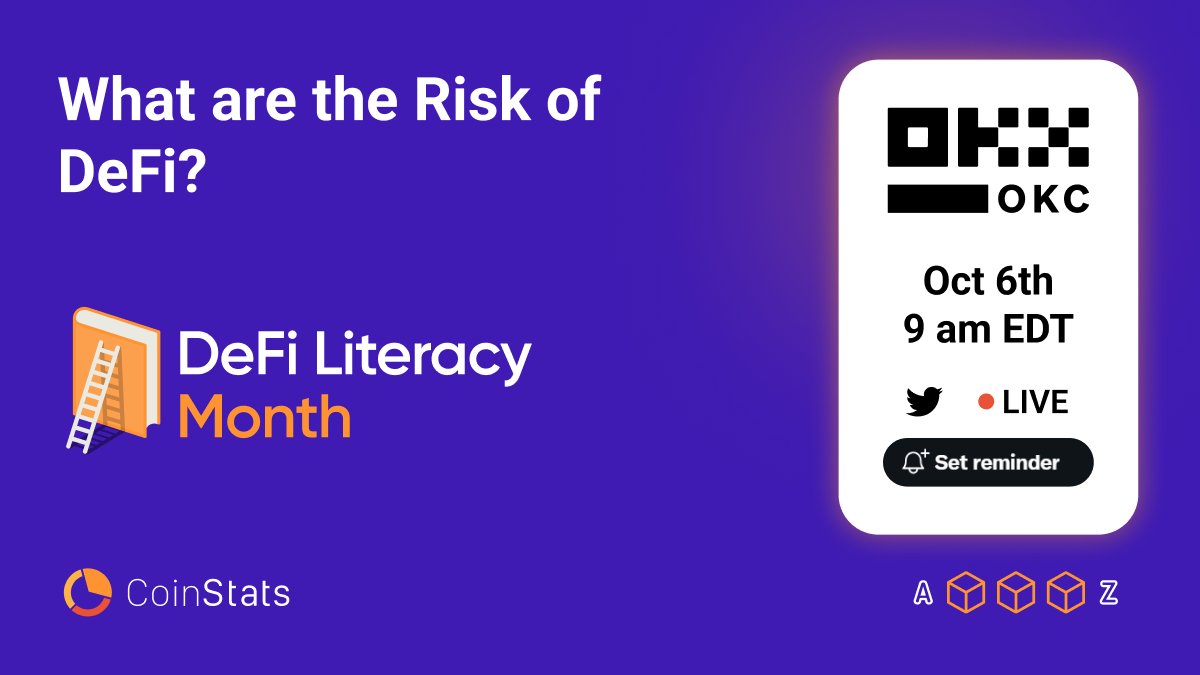 CoinStats (@coinstats) on Twitter photo As we explore all that #DeFi can offer, let's also look at the risks that may come with it.
<a href="/OKCNetwork/">OKT Chain ⚛🕸</a> is our second Twitter Space speaker of DeFi Literacy Month and they'll share their perspective on the matter.
Set a reminder so you won't miss it: x.com/i/spaces/1nAKE… As we explore all that #DeFi can offer, let's also look at the risks that may come with it.
<a href="/OKCNetwork/">OKT Chain ⚛🕸</a> is our second Twitter Space speaker of DeFi Literacy Month and they'll share their perspective on the matter.
Set a reminder so you won't miss it: x.com/i/spaces/1nAKE…