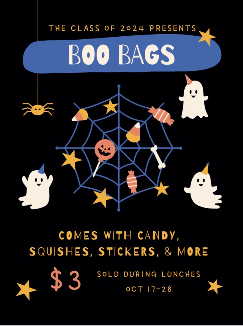 wbhsco2024's tweet photo. Happy Halloween! Get ready to surprise your friends with $3 boo bags, sold during lunches starting Monday, October 17th 👻👻🎃🍂🧛‍♀️ https://t.co/UxClucY8Ij