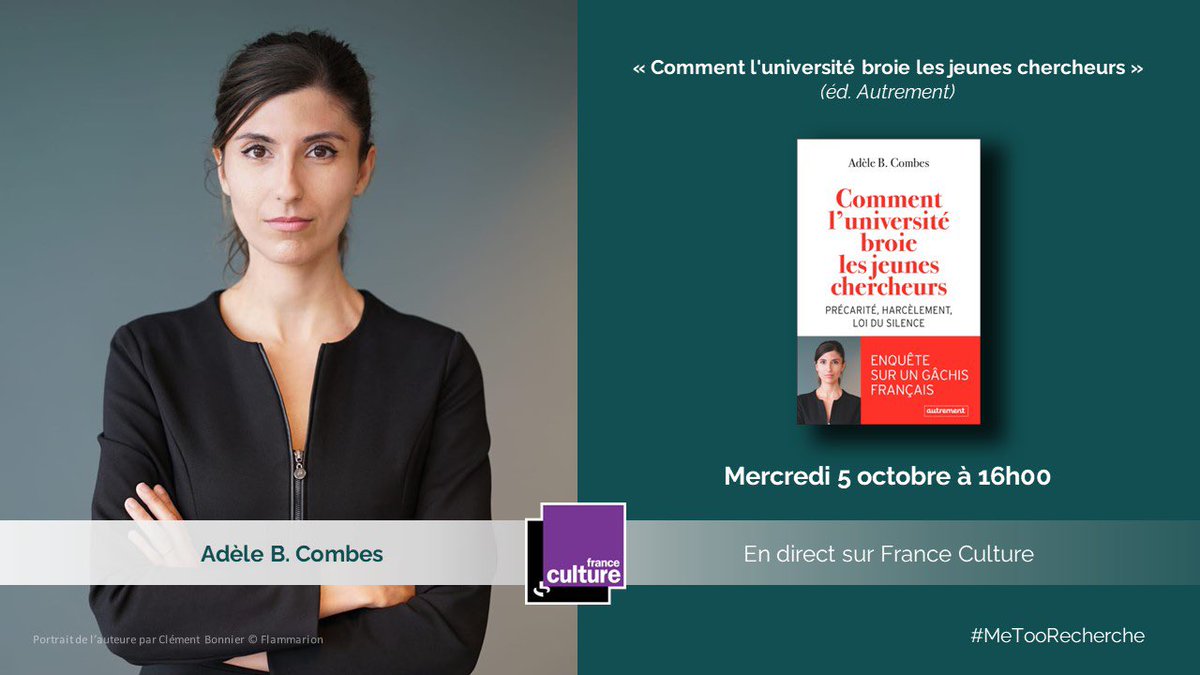 AdeleBCombes's tweet photo. 🎙️ Rendez-vous mercredi 5 octobre à 16h en direct sur @franceculture !
On parlera #MeToo, #MeTooFac et #MeTooRecherche 💪 https://t.co/tBLgbu9G80