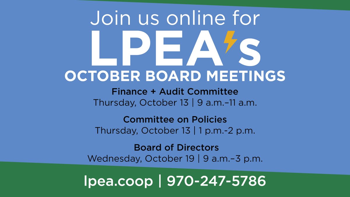 LaPlataElectric's tweet photo. 👨🏽‍⚖️  LPEA's October Board Meeting will take place in-person for the first time in more than a year! Virtual attendance options will also remain available. Join us in person or online. https://t.co/yjnXeTQ2De #LPEA  #CoopDifference #LaPlataElectric #laplatacounty https://t.co/KZy3ozamUR