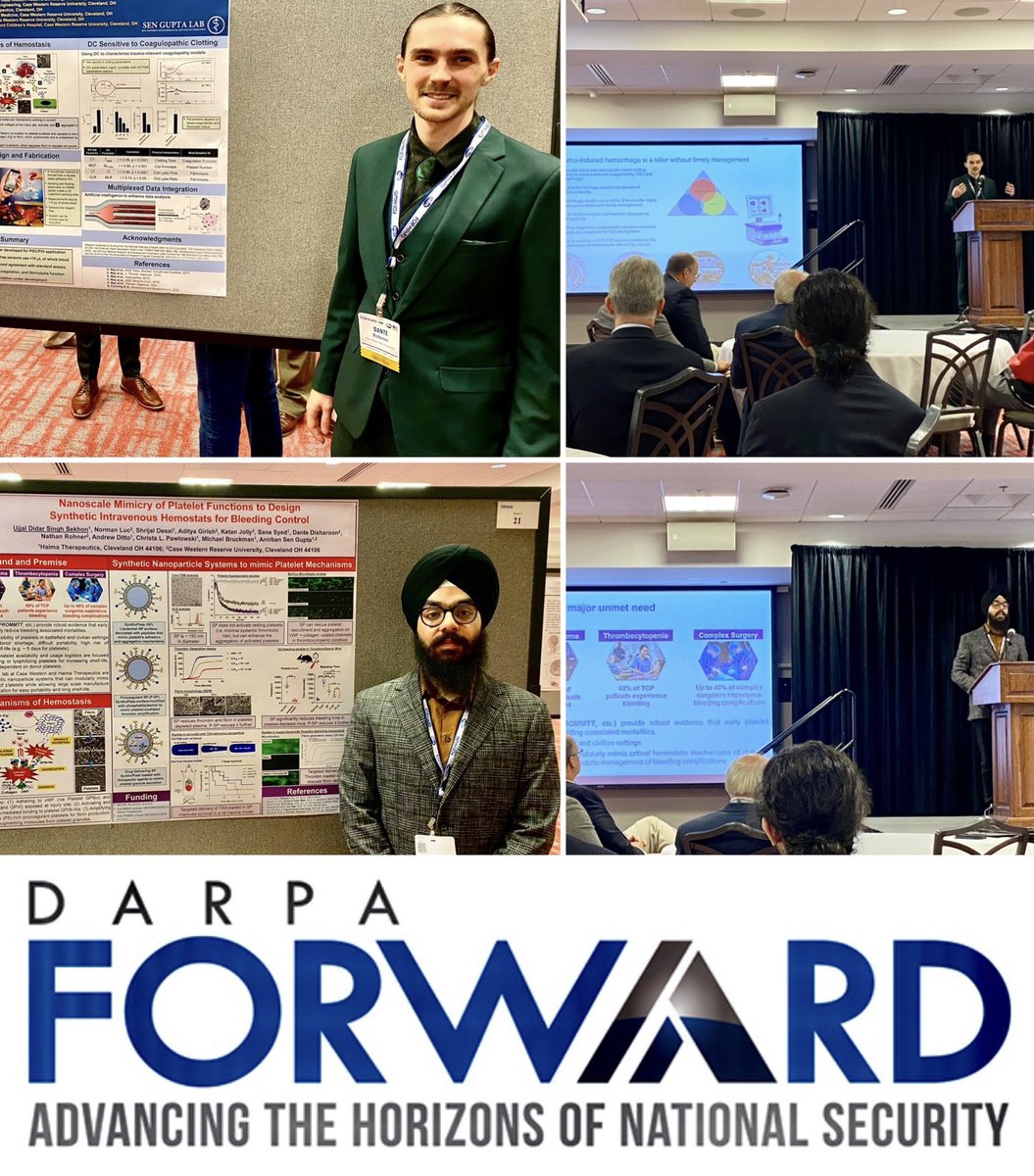Congratulations to @UjjalDidarSingh from @HaimaThr & #DanteDisharoon from @CWRUBME @CaseEngineer @Sen_Gupta_Lab for being selected to present at @DARPA FORWARD symposium @OhioState, & being awarded in the TOP 5 category for their research! #FutureTech for managing battlefield TIC