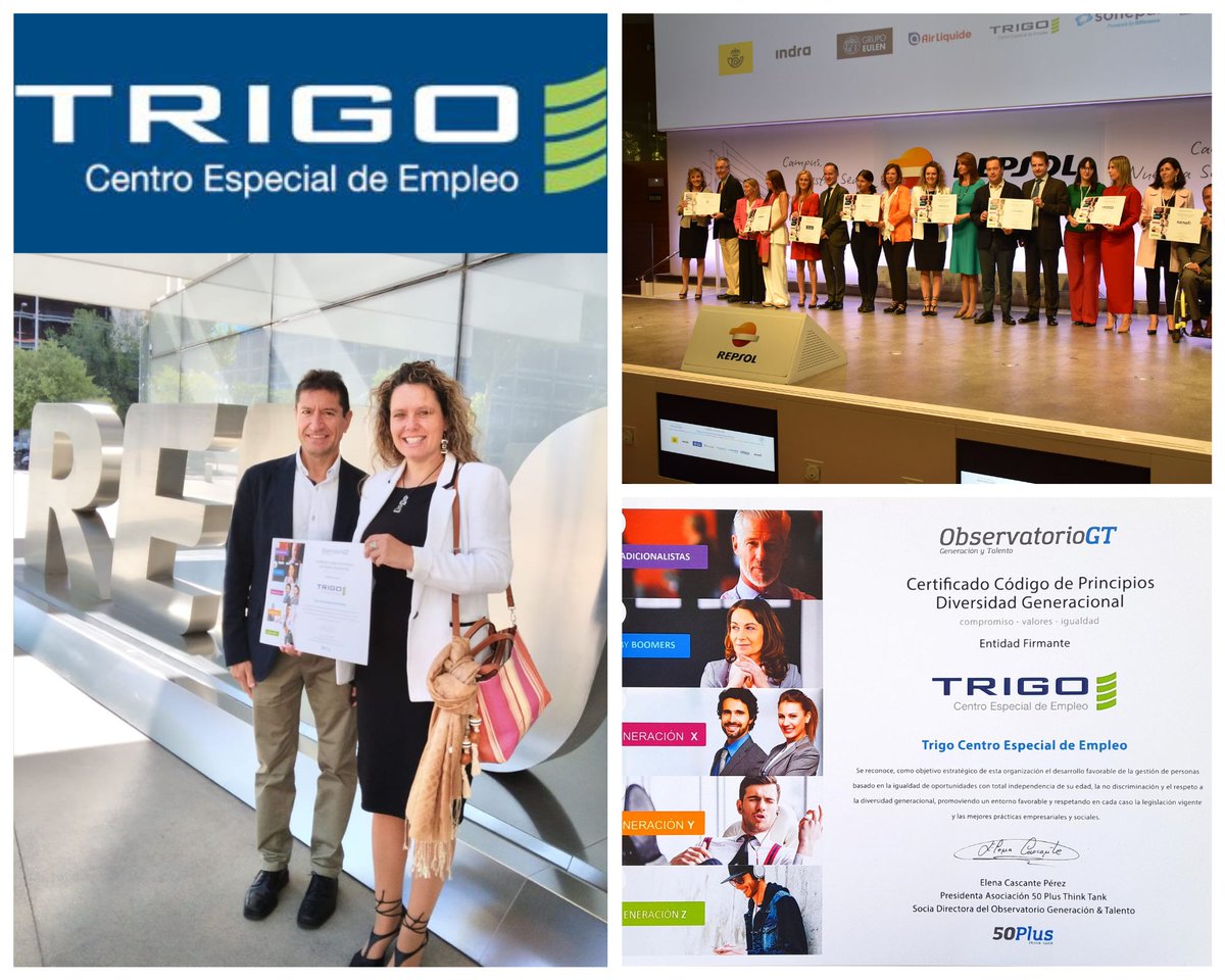 AlmudenaMenchen's tweet photo. Comprometidos con la diversidad, TRIGO CENTRO ESPECIAL DE EMPLEO se adhiere al Código de #DiversidadGeneracional de Generacciona, recibiendo su #certificado en el Campus de Repsol. Muchas gracias @CascanteElena y @AngelesAlcazarG
#talento #oportunidades #discapacidad https://t.co/V90FDC9tQm