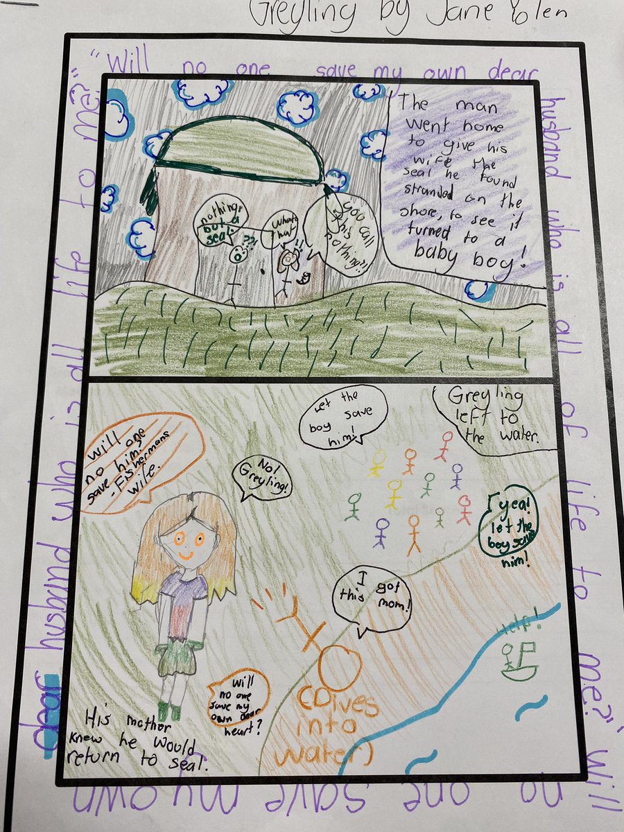 mrs_rabatin's tweet photo. Teaching literature this year for grade 6 at @CAWaterbury, and these one-pagers came out great! Students showed theme, plot, setting, characters and conflict for the story “Greyling” by Jane Yolen. So much better than a quiz! #literature #standup4CAW https://t.co/USUrLHUca3