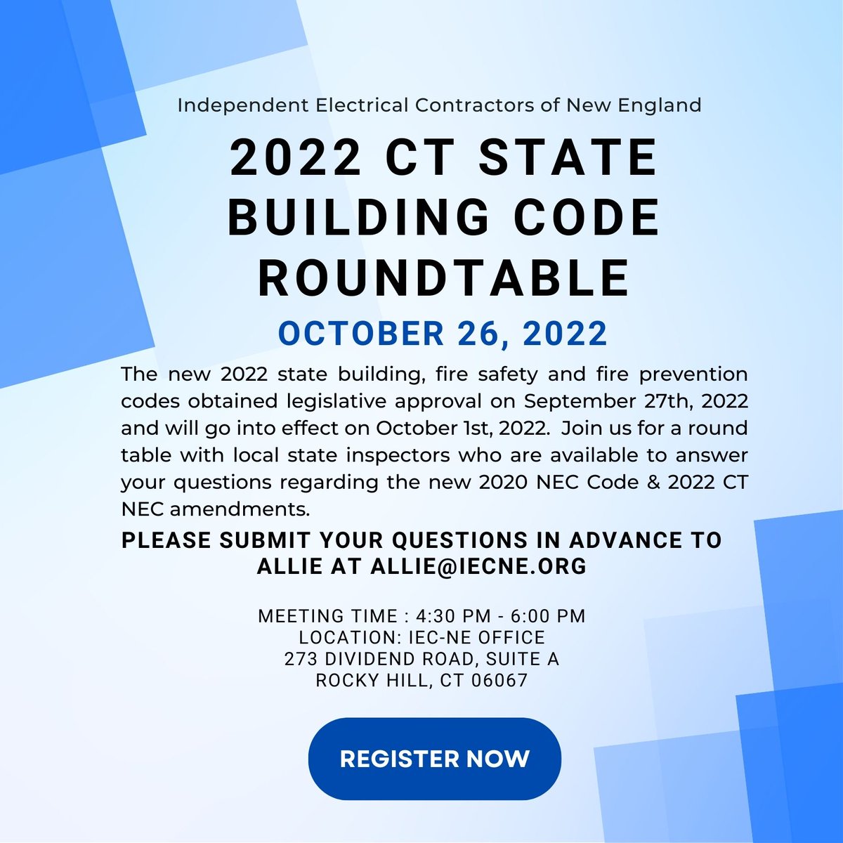 IEC_NewEngland's tweet photo. Join us for a round table with local state inspectors regarding the new 2020 NEC Code &amp; 2022 CT NEC amendments.  Register here: https://t.co/I4a9buO1Sk #ctelectricians #iecne https://t.co/ClUeqVOHCs
